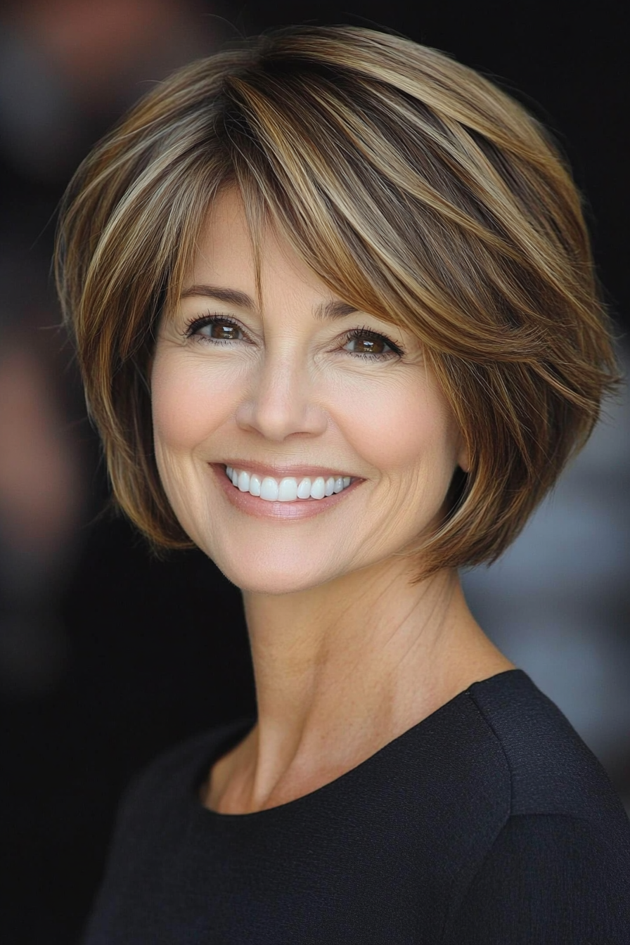 1. Classic Layered Bob with Soft Brown Highlights (Short Layered Haircuts For Women Over 50) - Short Layered Haircuts For Women Over 50