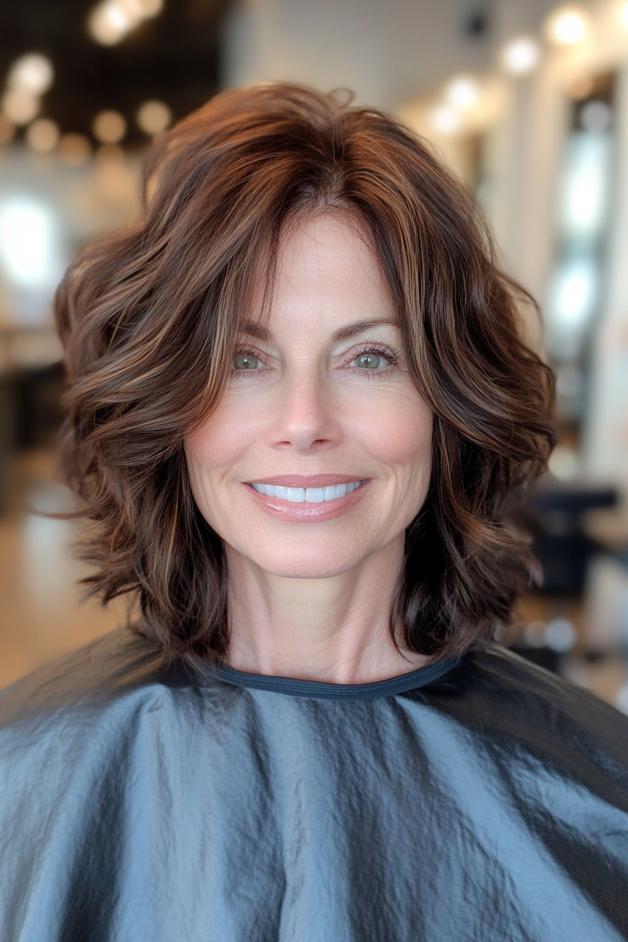 3. Shaggy Lob with Chestnut Brown Hair (Short Layered Haircuts For Women Over 50) - Short Layered Haircuts For Women Over 50
