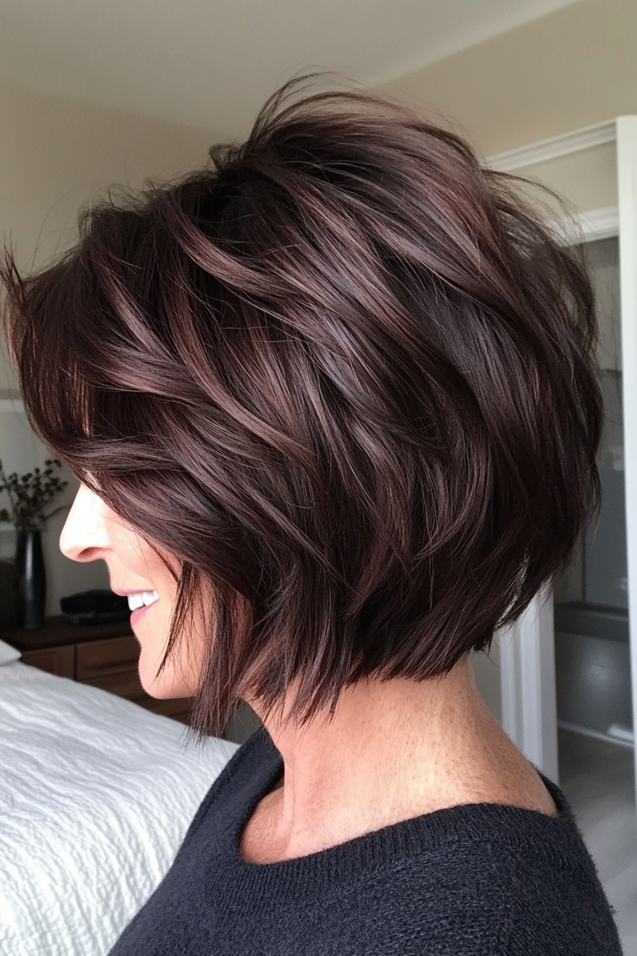 4. Choppy Layered Bob with Dark Auburn (Short Layered Haircuts For Women Over 50) - Short Layered Haircuts For Women Over 50