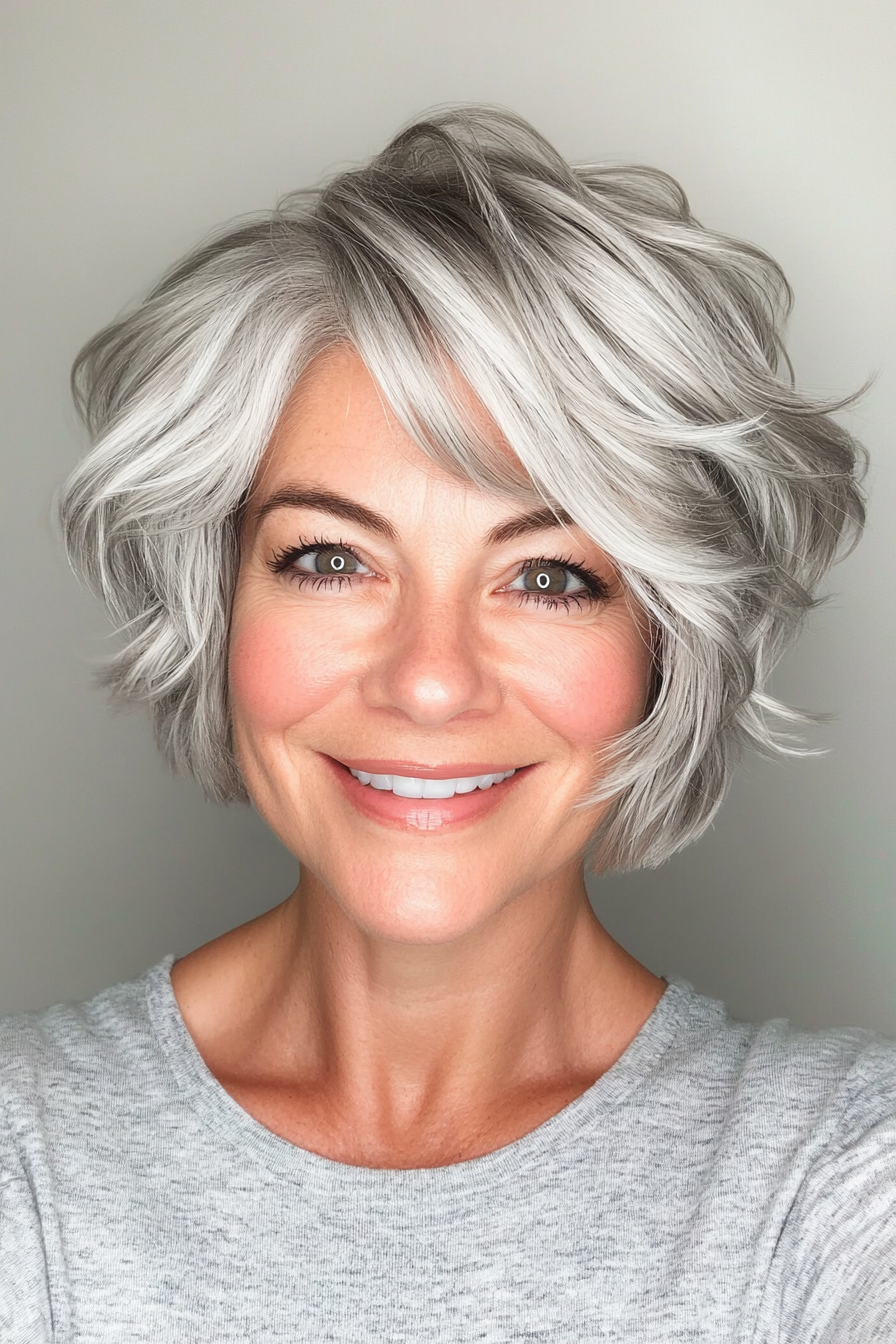 5. Layered Wavy Pixie with Silver Highlights (Short Layered Haircuts For Women Over 50) - Short Layered Haircuts For Women Over 50