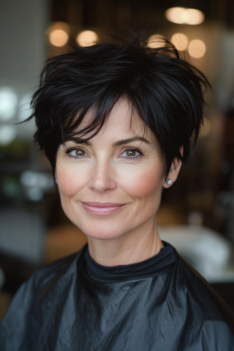 9. Soft Feathered Pixie with Dark Black (Short Layered Haircuts For Women Over 50) - Short Layered Haircuts For Women Over 50