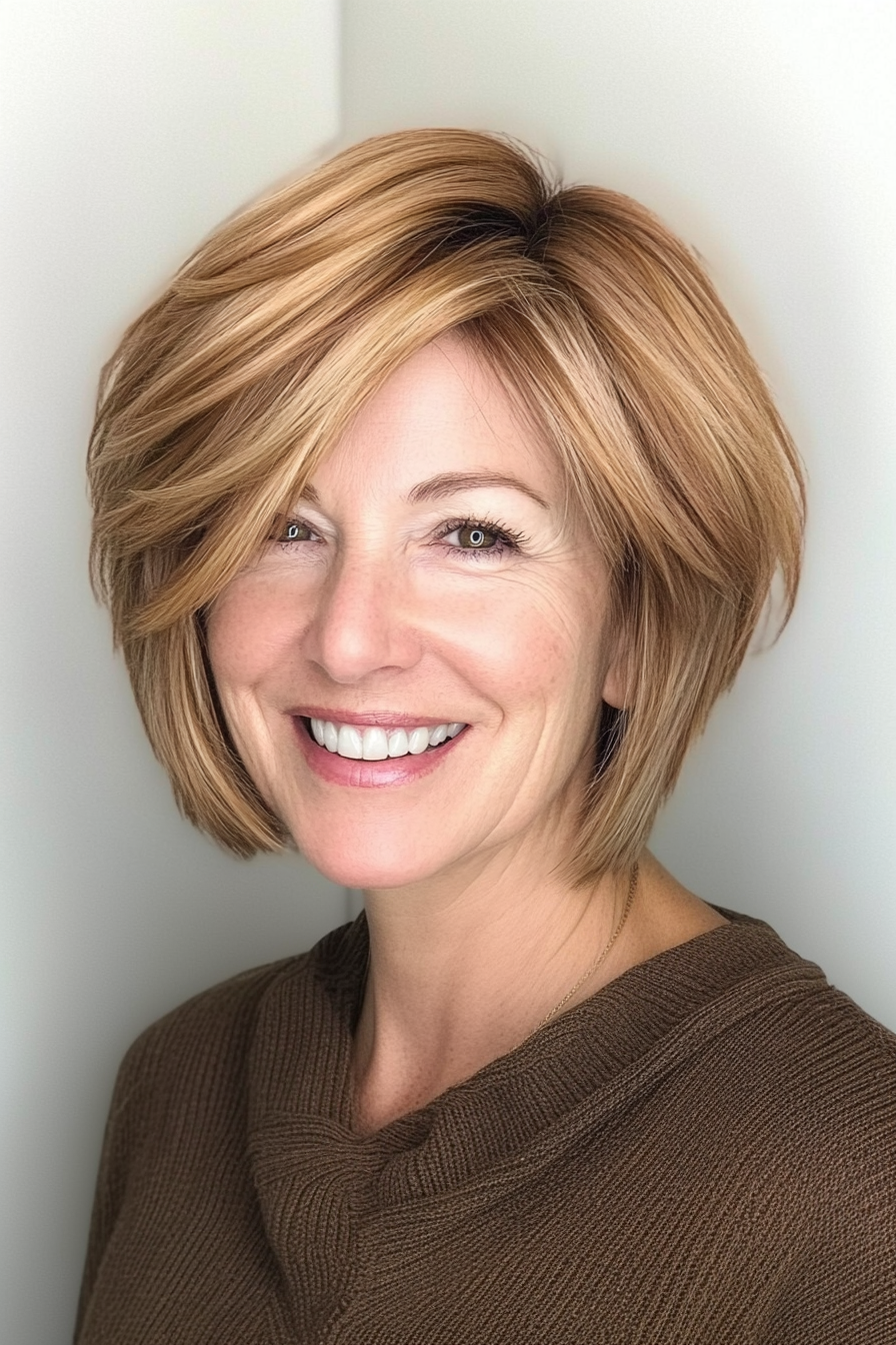10. Side-Parted Layered Bob with Strawberry Blonde (Short Layered Haircuts For Women Over 50) - Short Layered Haircuts For Women Over 50