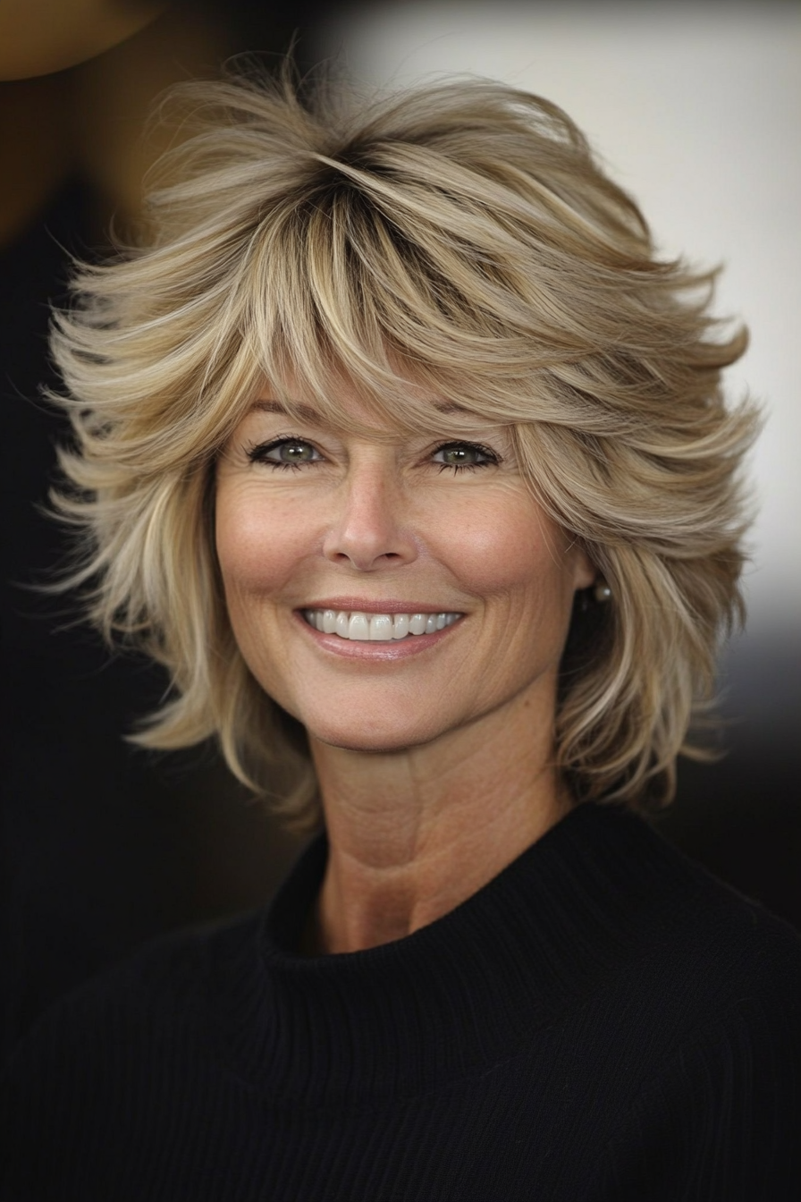 12. Textured Layered Shag with Medium Blonde (Short Layered Haircuts For Women Over 50) - Short Layered Haircuts For Women Over 50