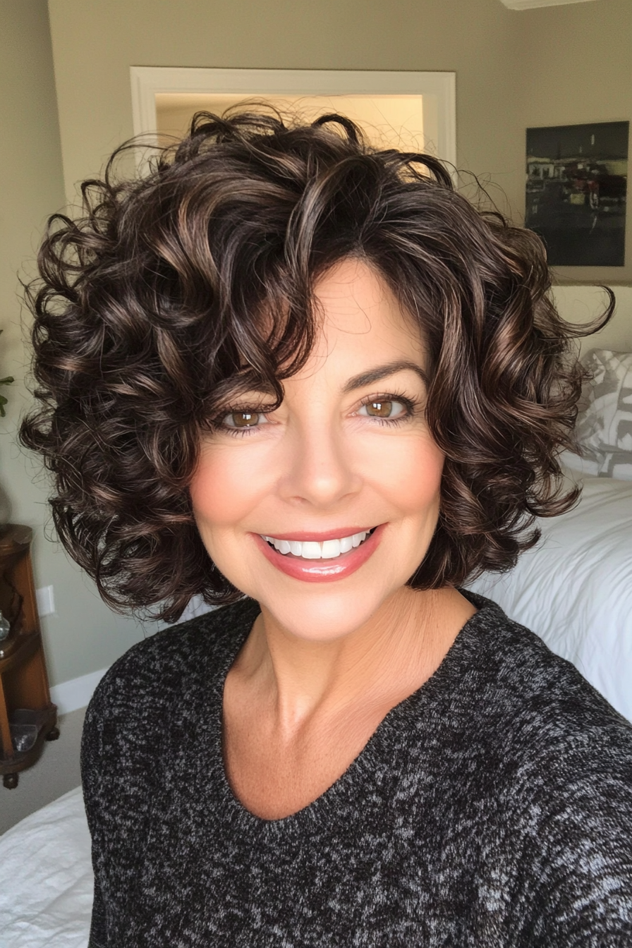 13. Voluminous Curly Bob with Dark Brown (Short Layered Haircuts For Women Over 50) - Short Layered Haircuts For Women Over 50
