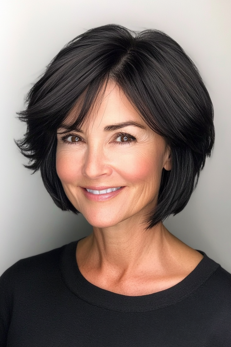 14. Classic Layered Cut with Deep Black (Short Layered Haircuts For Women Over 50) - Short Layered Haircuts For Women Over 50