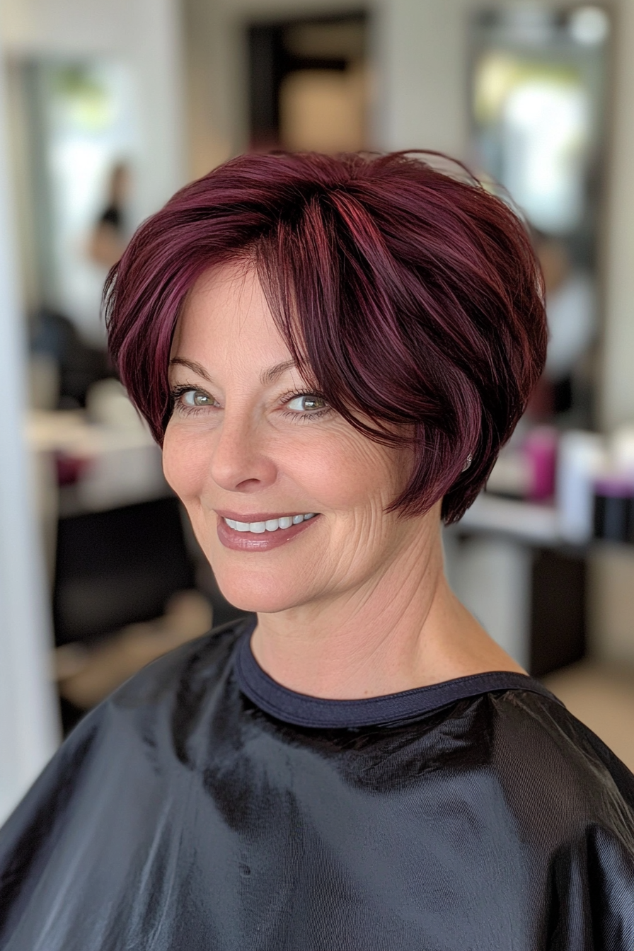 15. Short Textured Layers with Rich Burgundy (Short Layered Haircuts For Women Over 50) - Short Layered Haircuts For Women Over 50
