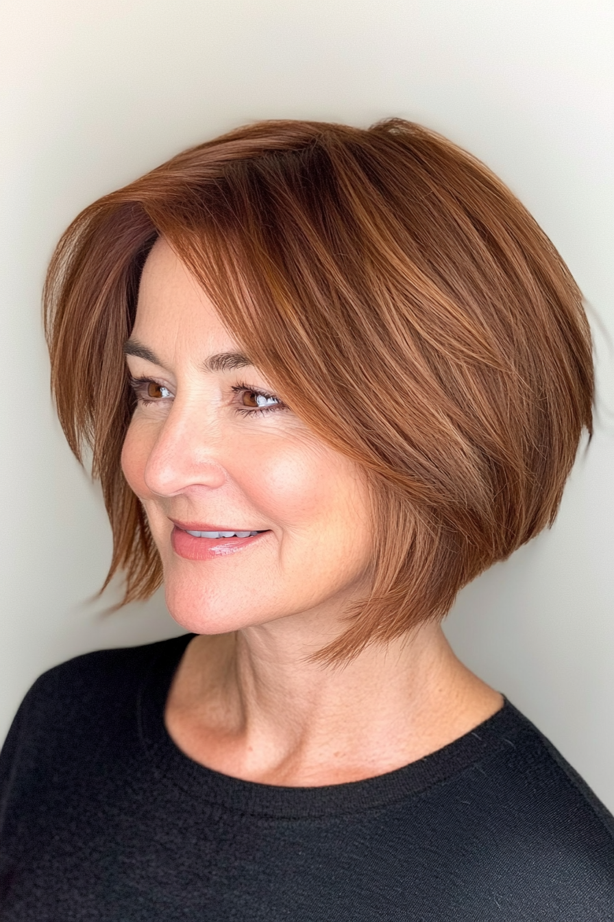 17. Angled Layered Bob with Warm Chestnut (Short Layered Haircuts For Women Over 50) - Short Layered Haircuts For Women Over 50