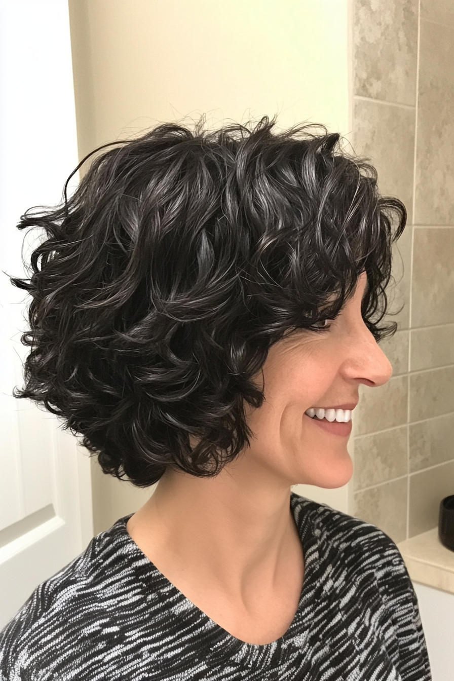 18. Layered Curly Lob with Natural Black (Short Layered Haircuts For Women Over 50) - Short Layered Haircuts For Women Over 50