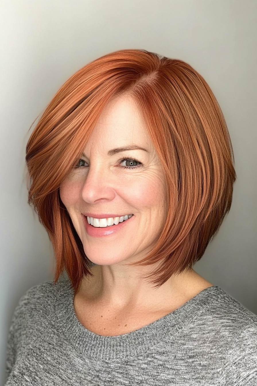 20. Sleek Layered Bob with Copper Red (Short Layered Haircuts For Women Over 50) - Short Layered Haircuts For Women Over 50