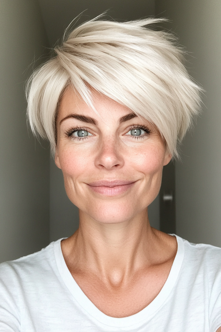 22. Asymmetrical Pixie with Platinum Blonde (Short Layered Haircuts For Women Over 50) - Short Layered Haircuts For Women Over 50