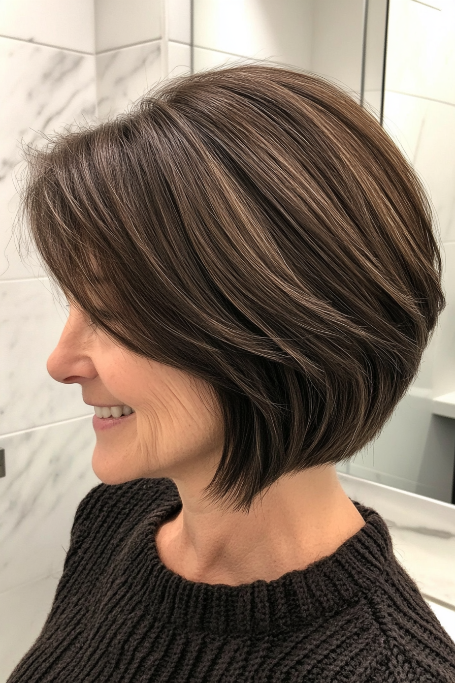 23. Layered Bob with Natural Dark Brown (Short Layered Haircuts For Women Over 50) - Short Layered Haircuts For Women Over 50