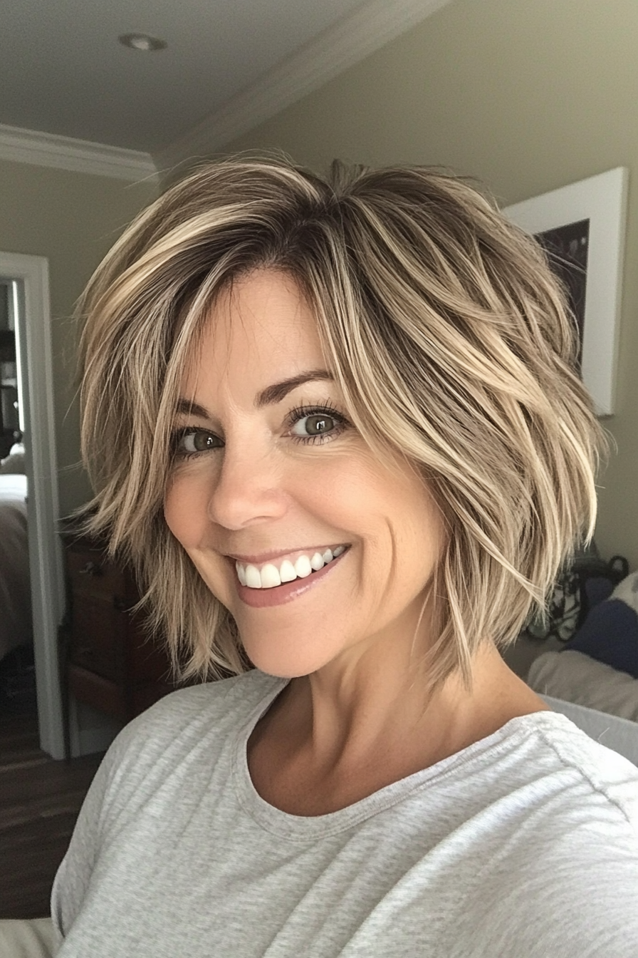 25. Choppy Lob with Ashy Blonde Highlights (Short Layered Haircuts For Women Over 50) - Short Layered Haircuts For Women Over 50