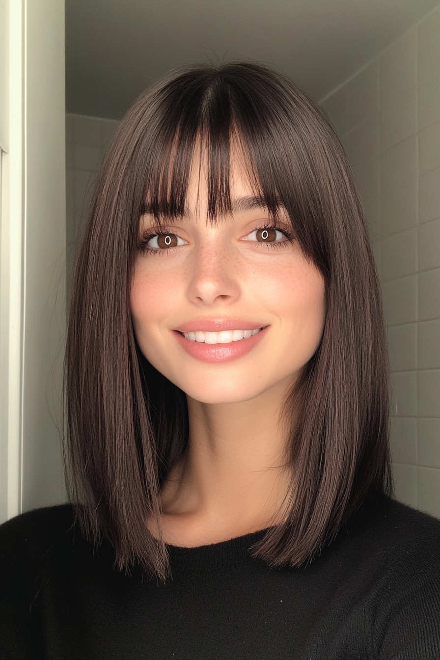 1. Classic Shoulder-Length Cut with Wispy Bangs in Dark Brown (Medium Length Hairstyles With Bangs) - Medium Length Hairstyles With Bangs