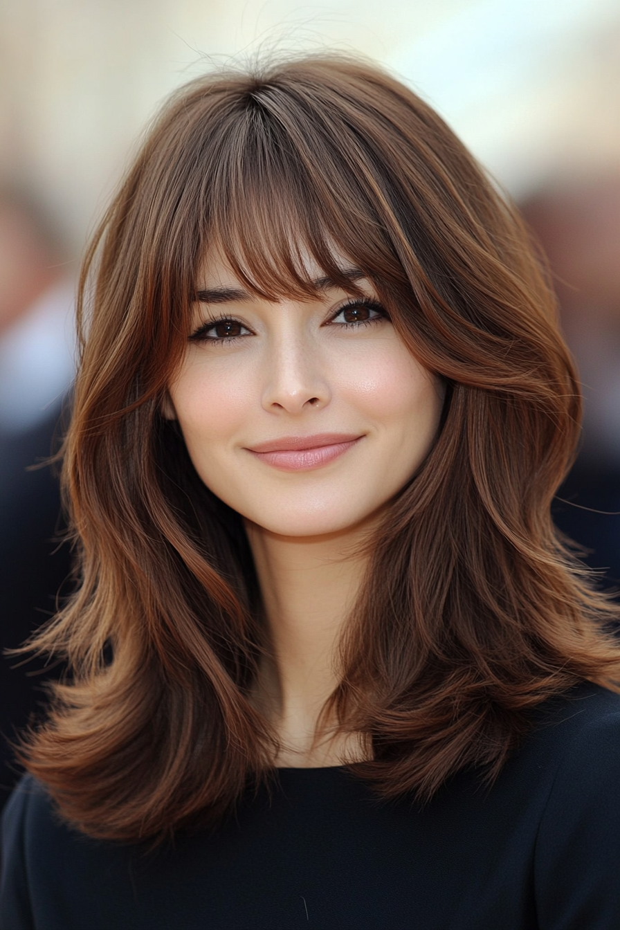 2. Layered Lob with Curtain Bangs in Chestnut Brown (Medium Length Hairstyles With Bangs) - Medium Length Hairstyles With Bangs
