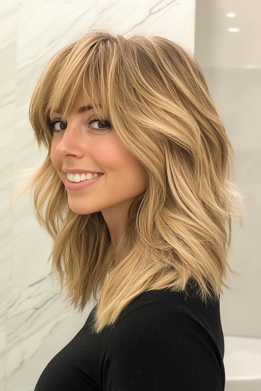 3. Textured Shag with Blunt Bangs in Sandy Blonde (Medium Length Hairstyles With Bangs) - Medium Length Hairstyles With Bangs