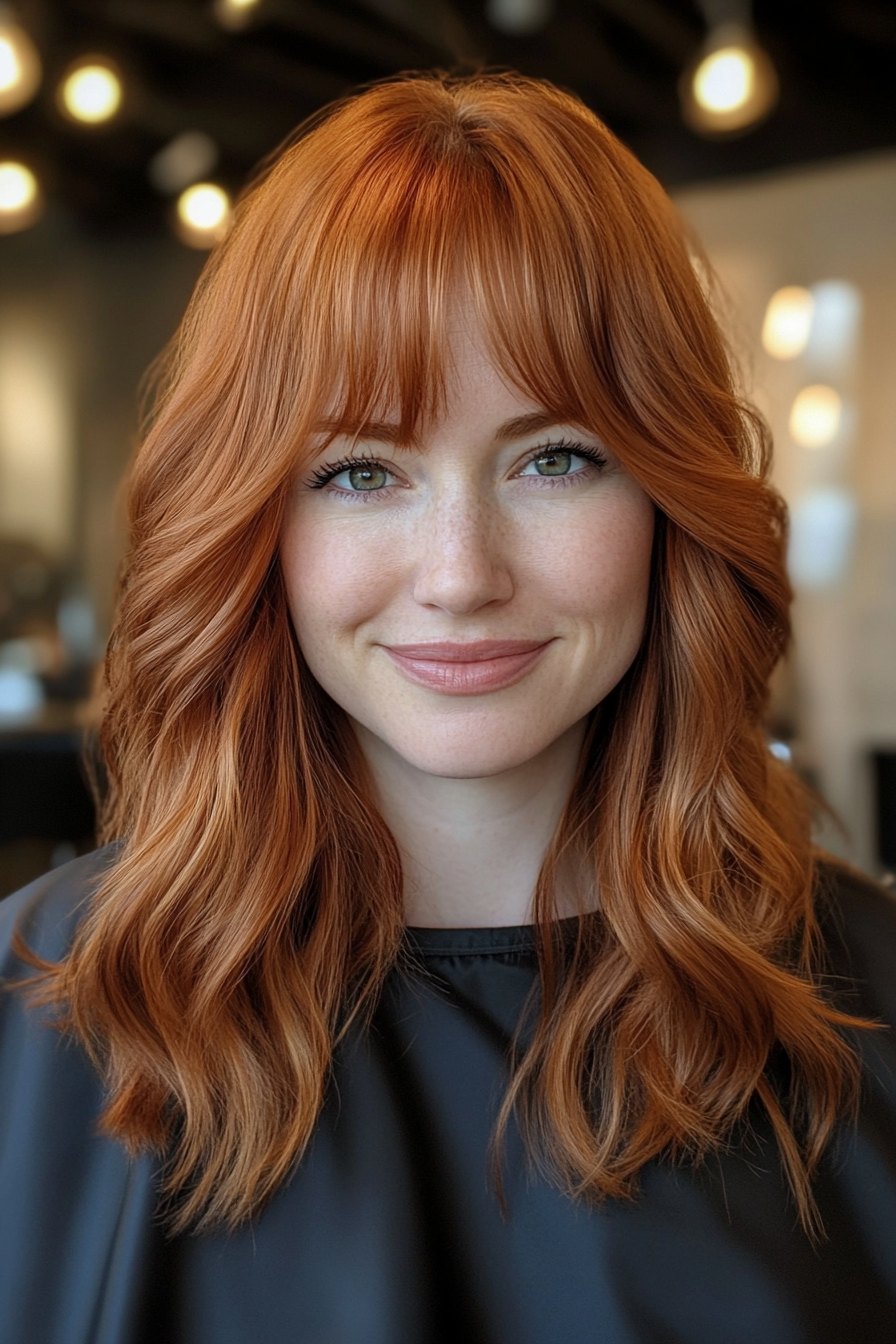 4. Wavy Mid-Length Cut with Side-Swept Bangs in Auburn (Medium Length Hairstyles With Bangs) - Medium Length Hairstyles With Bangs