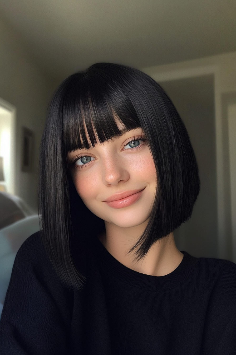 5. Straight-Across Bob with Micro Bangs in Jet Black (Medium Length Hairstyles With Bangs) - Medium Length Hairstyles With Bangs