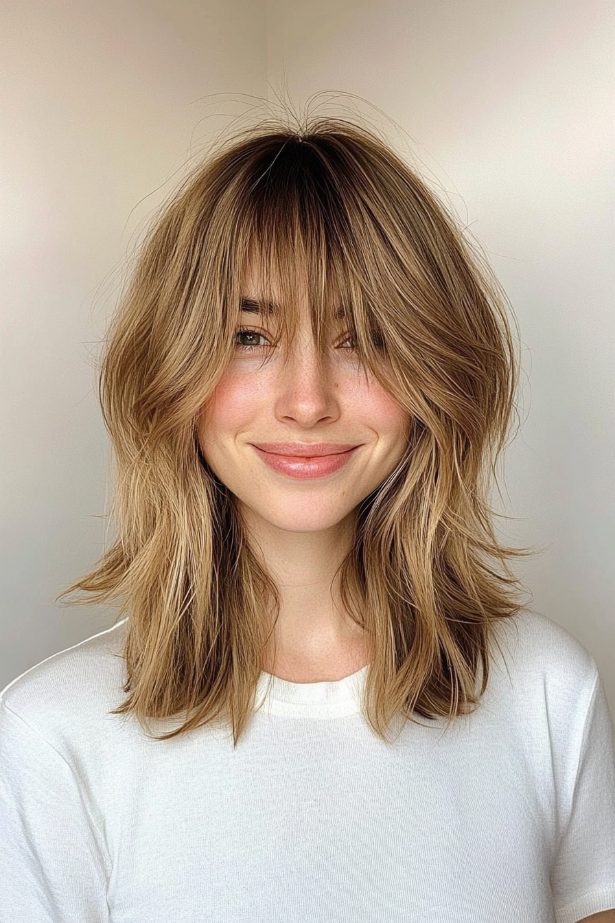 6. Choppy Layers with Feathered Bangs in Light Brown (Medium Length Hairstyles With Bangs) - Medium Length Hairstyles With Bangs