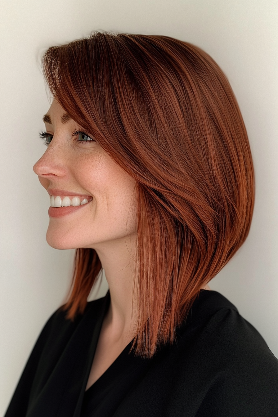 7. Asymmetrical Bob with Long Side Bangs in Mahogany (Medium Length Hairstyles With Bangs) - Medium Length Hairstyles With Bangs