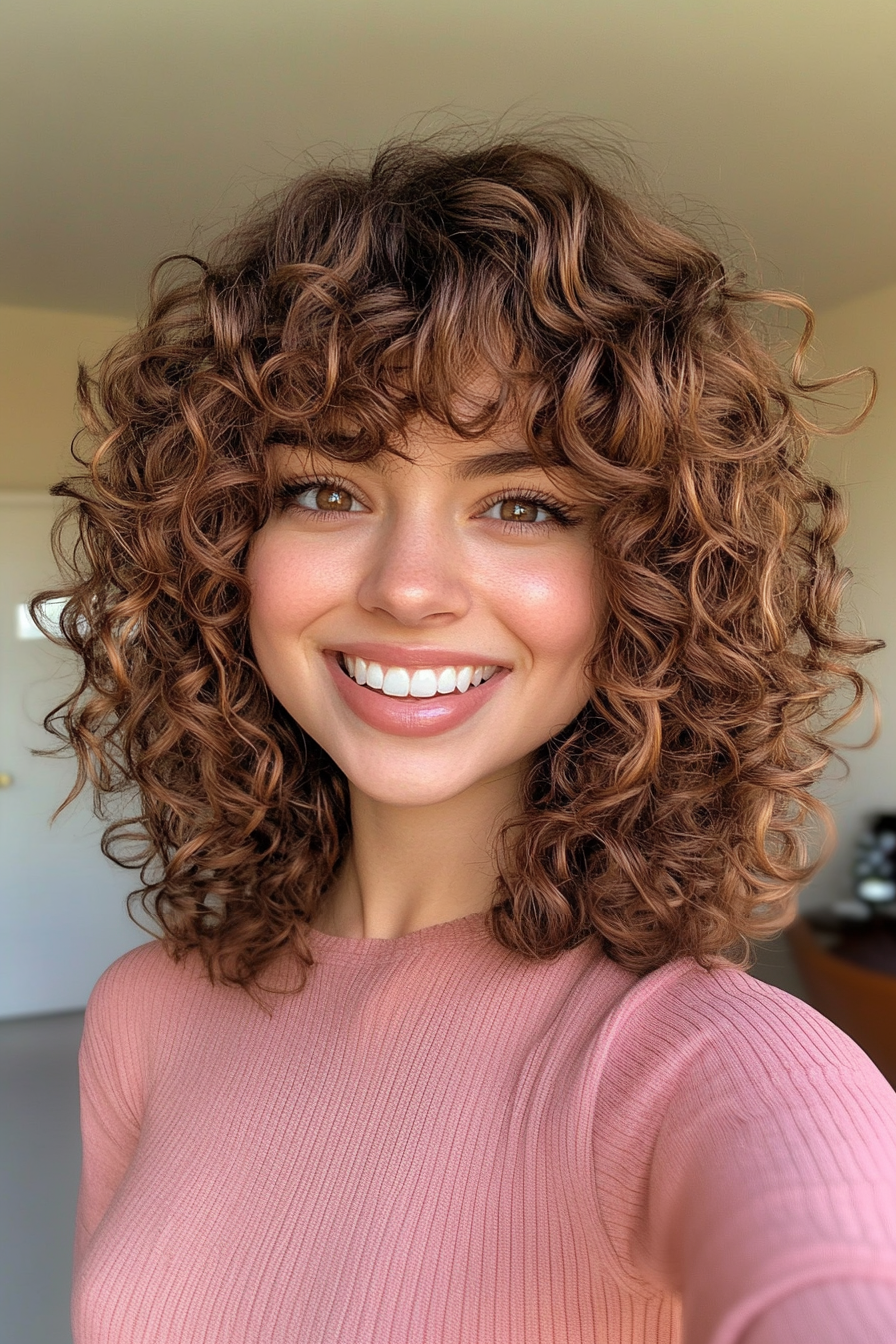 8. Curly Shoulder-Length Cut with Curly Bangs in Caramel Brown (Medium Length Hairstyles With Bangs) - Medium Length Hairstyles With Bangs