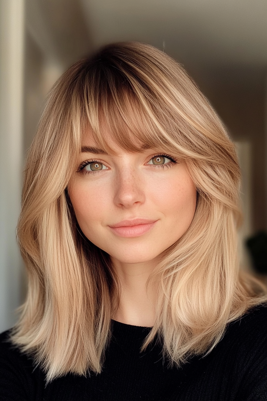 9. Blunt Lob with Center-Parted Bangs in Honey Blonde (Medium Length Hairstyles With Bangs) - Medium Length Hairstyles With Bangs