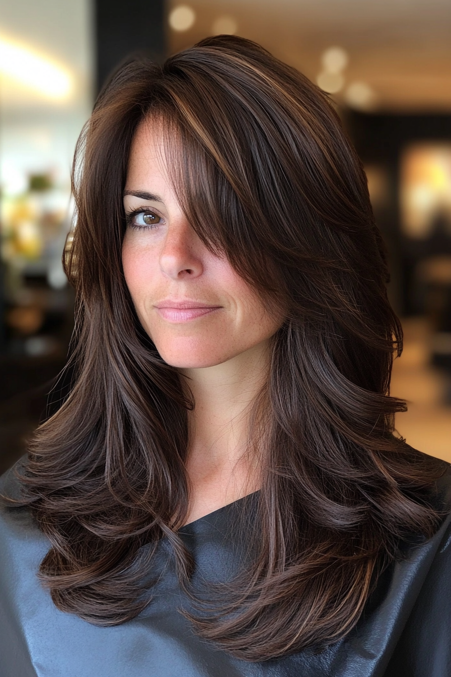 10. Layered Midi Cut with Side Fringe in Chocolate Brown (Medium Length Hairstyles With Bangs) - Medium Length Hairstyles With Bangs