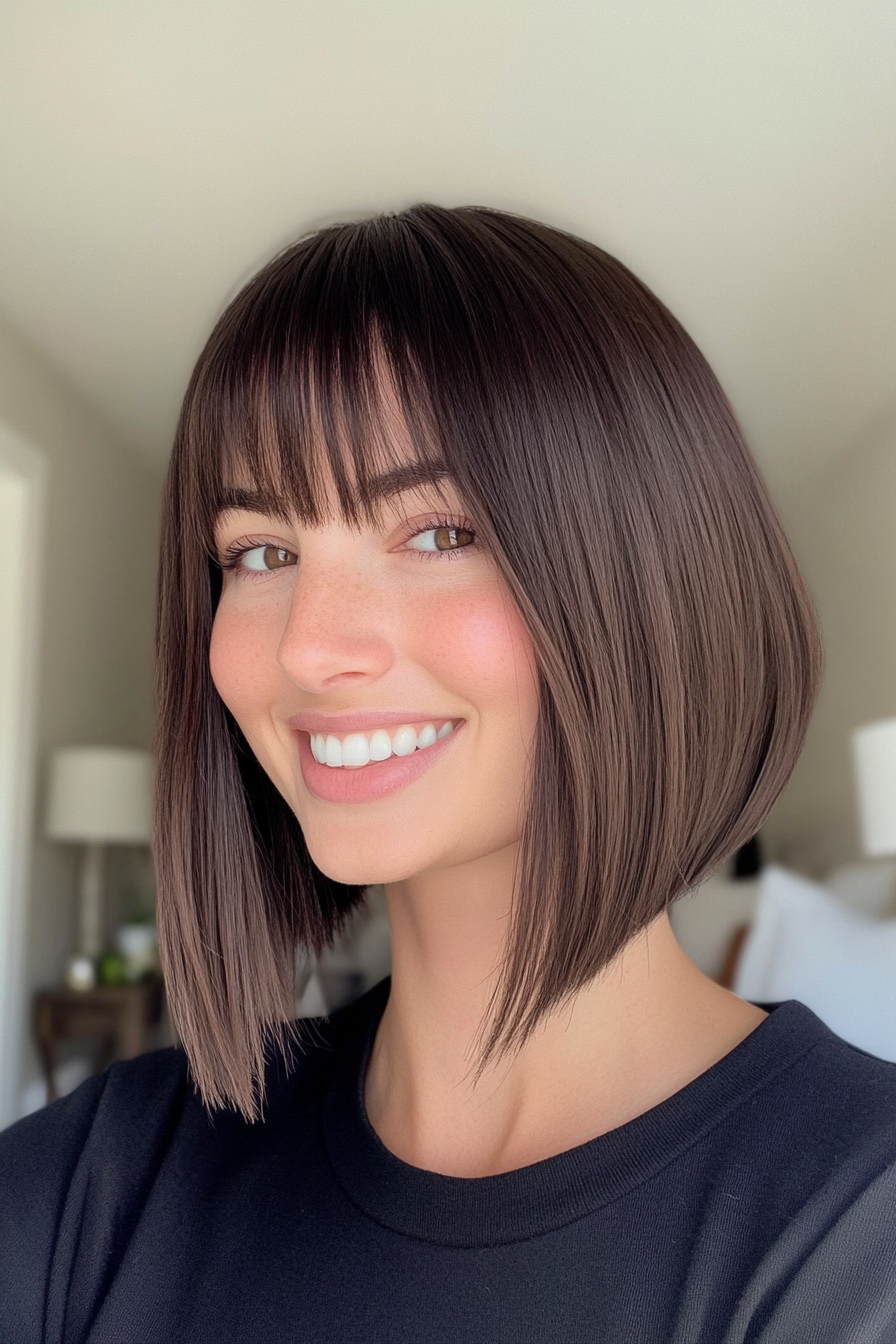 11. Sleek Bob with Arched Bangs in Espresso (Medium Length Hairstyles With Bangs) - Medium Length Hairstyles With Bangs