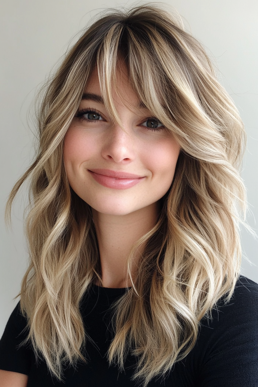 12. Tousled Waves with Bardot Bangs in Dark Blonde (Medium Length Hairstyles With Bangs) - Medium Length Hairstyles With Bangs