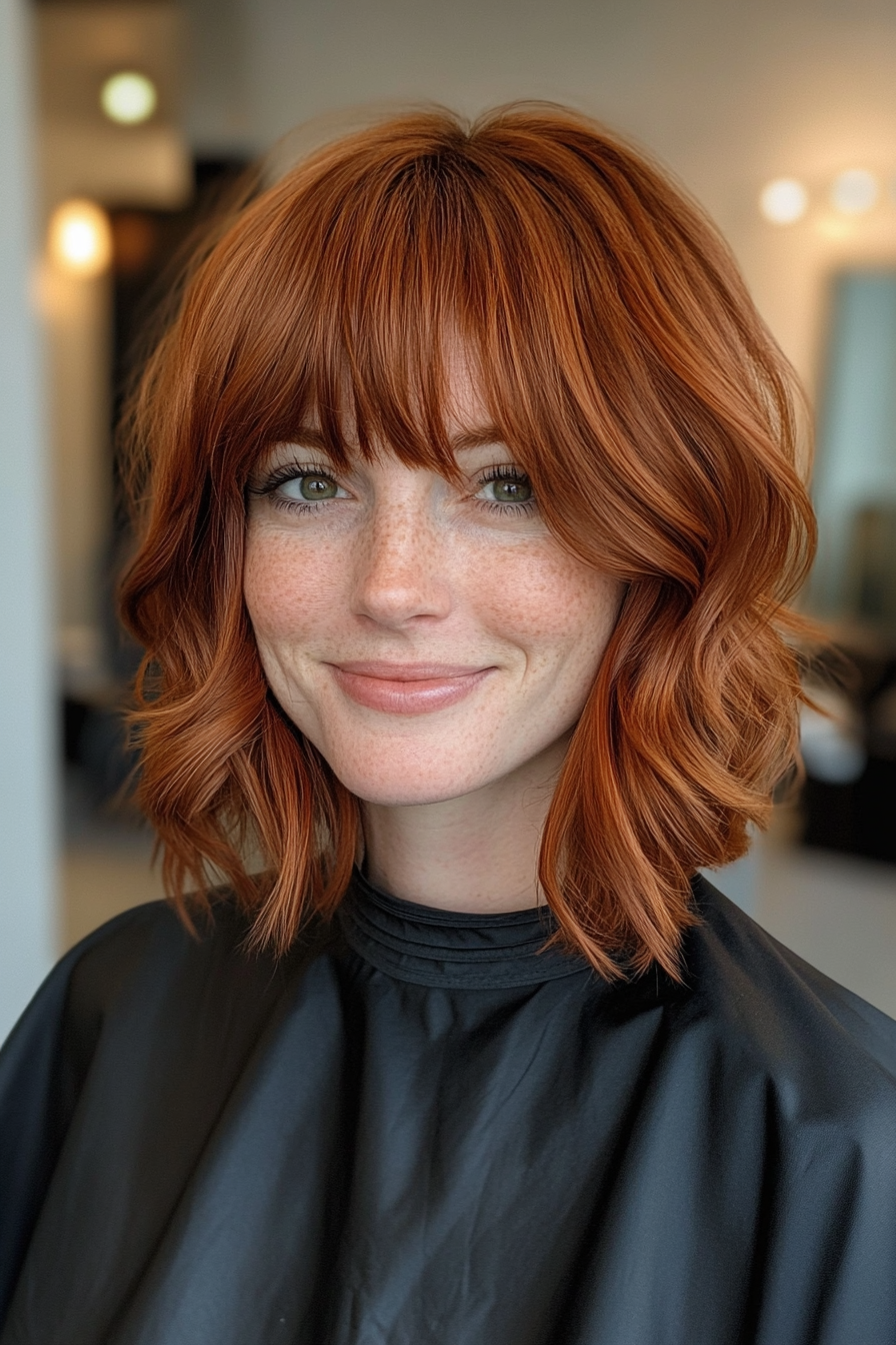 13. Inverted Bob with Layered Bangs in Copper (Medium Length Hairstyles With Bangs) - Medium Length Hairstyles With Bangs