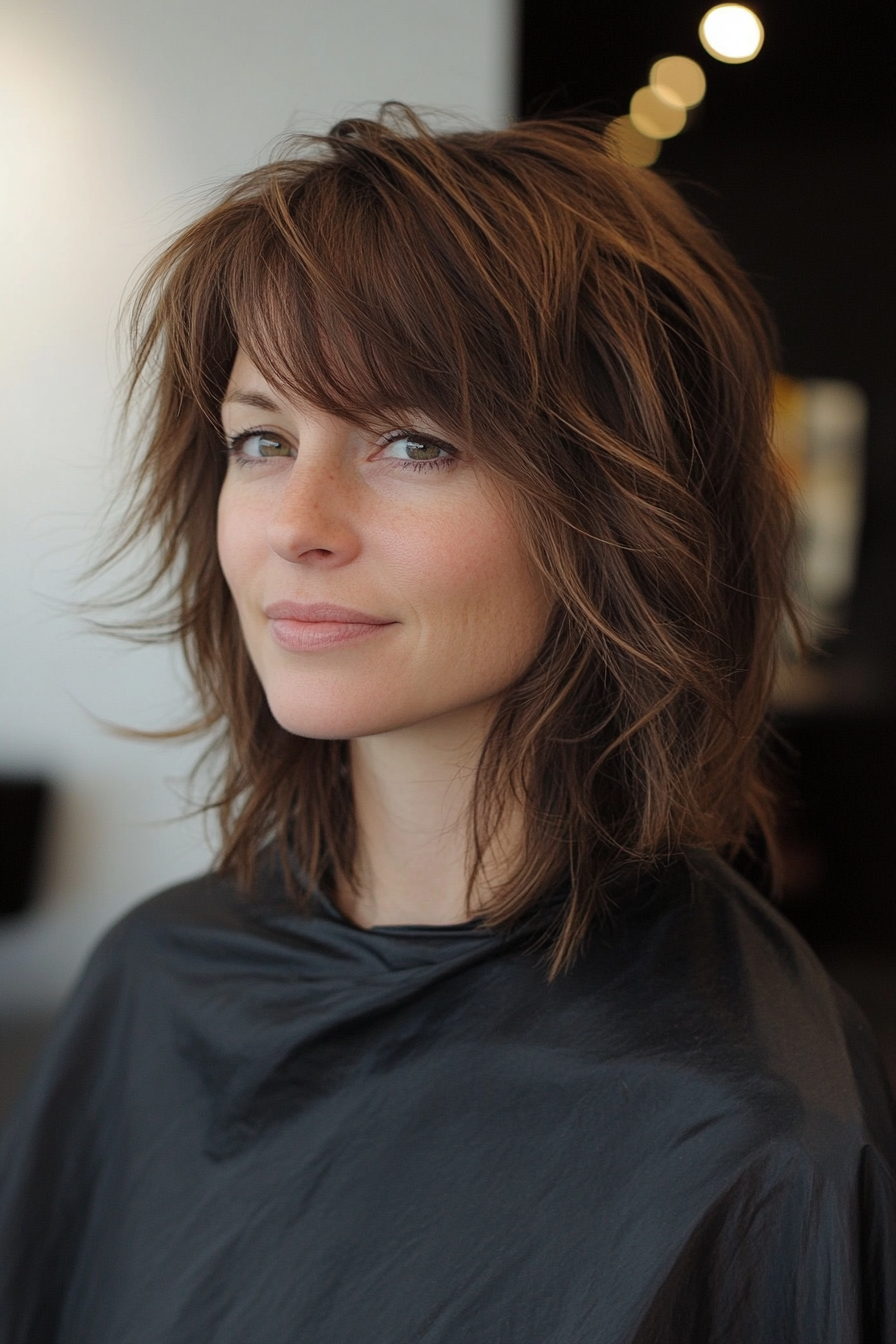 14. Shaggy Lob with Shaggy Bangs in Ash Brown (Medium Length Hairstyles With Bangs) - Medium Length Hairstyles With Bangs