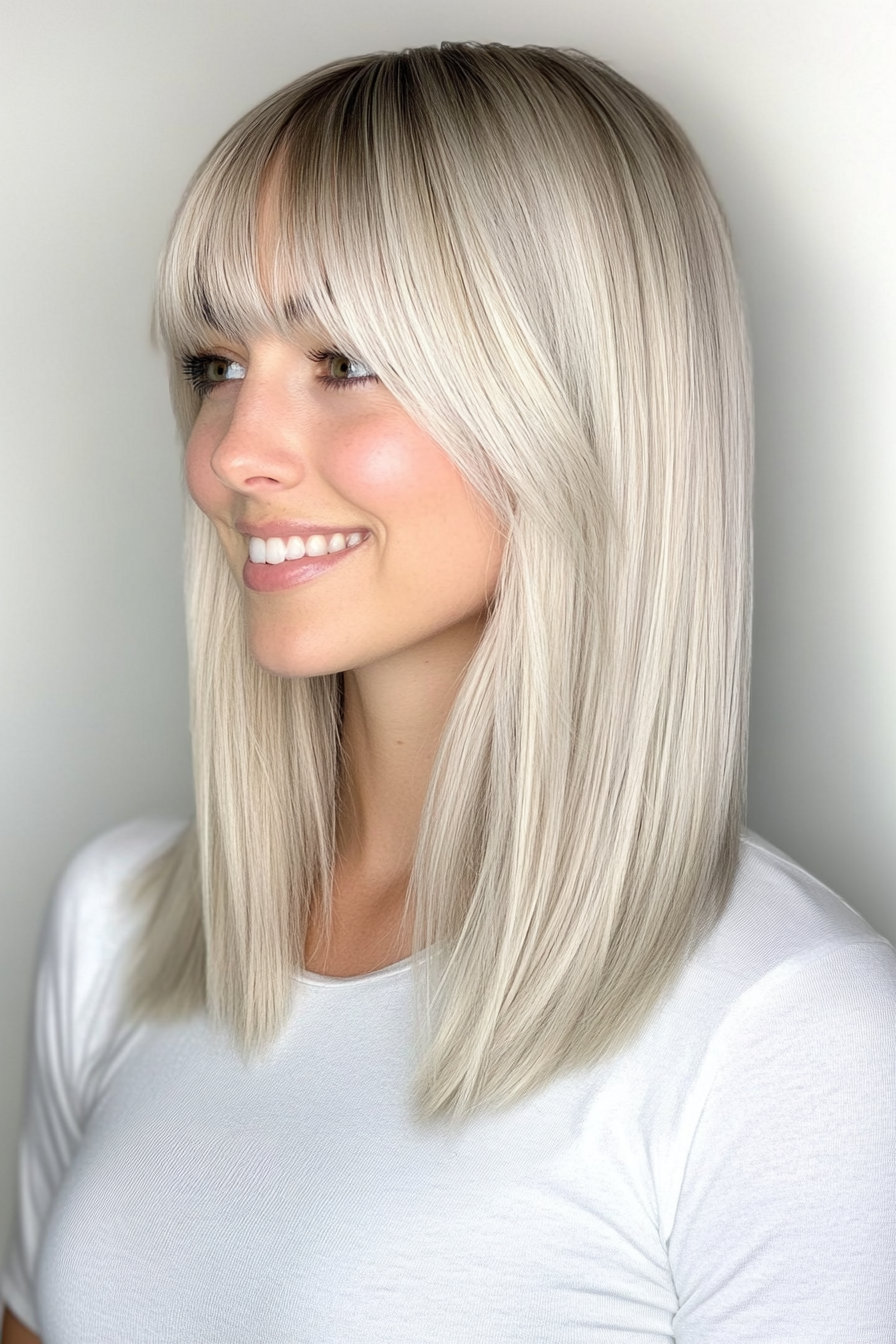 15. Straight Lob with Side-Swept Bangs in Platinum Blonde (Medium Length Hairstyles With Bangs) - Medium Length Hairstyles With Bangs
