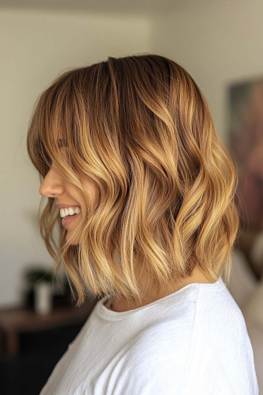 16. Wavy Bob with Baby Bangs in Golden Brown (Medium Length Hairstyles With Bangs) - Medium Length Hairstyles With Bangs