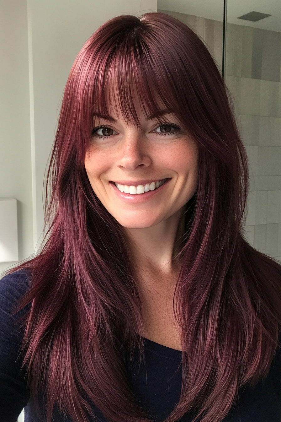 17. Layered Cut with Long Bangs in Burgundy (Medium Length Hairstyles With Bangs) - Medium Length Hairstyles With Bangs