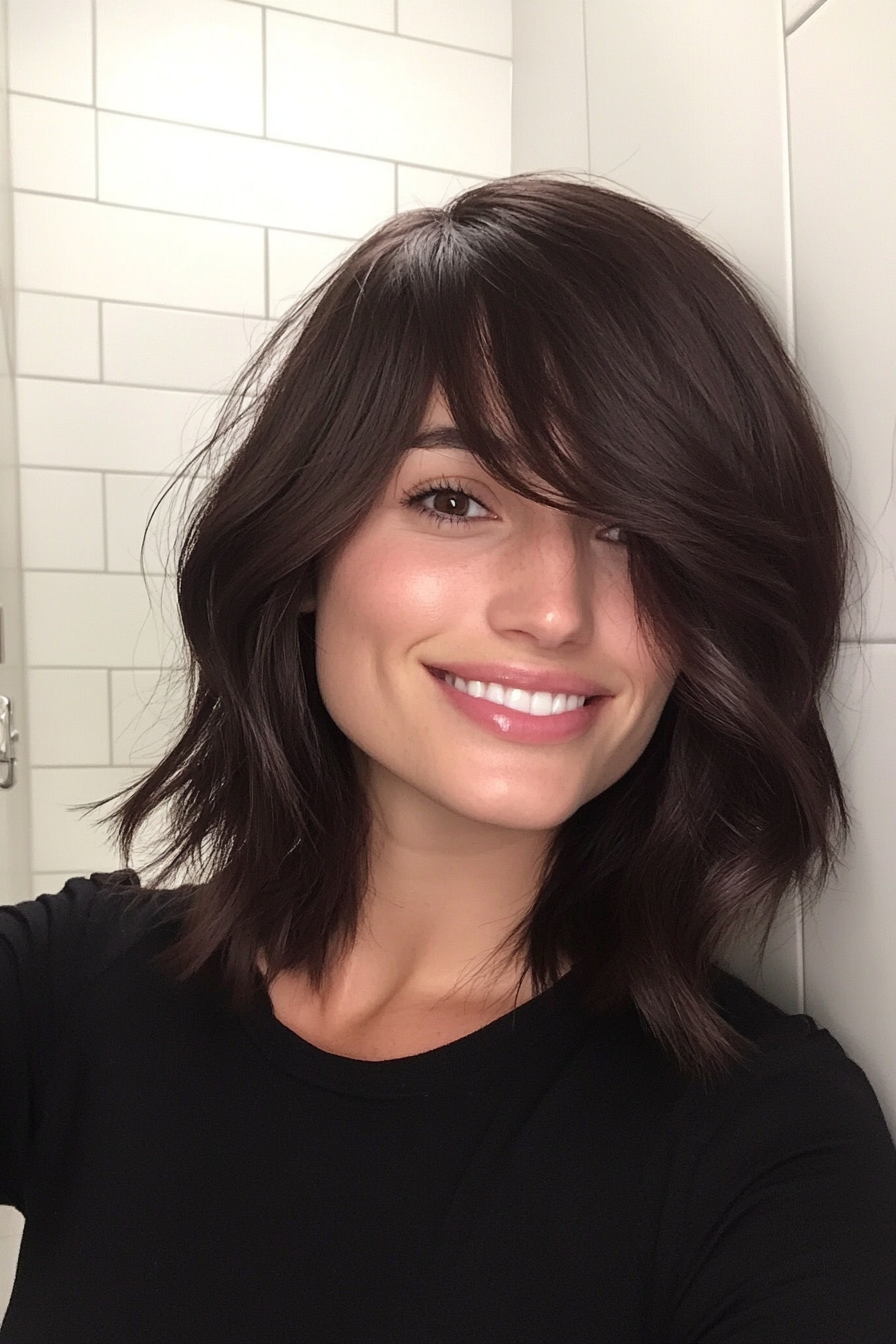 19. Textured Lob with Side-Parted Bangs in Dark Chocolate (Medium Length Hairstyles With Bangs) - Medium Length Hairstyles With Bangs