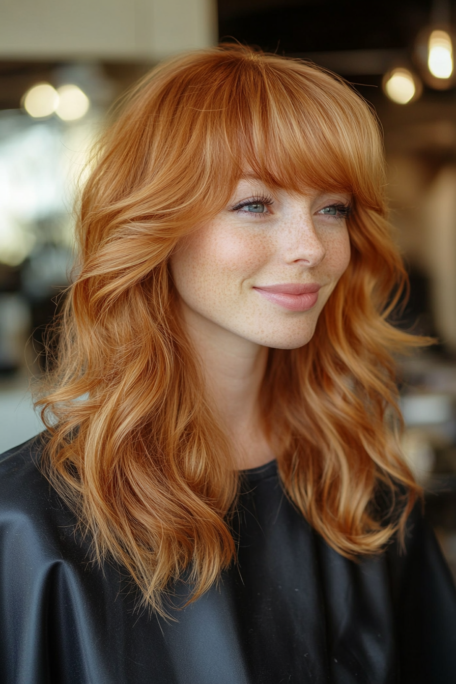 20. Curled Ends with Wispy Bangs in Strawberry Blonde (Medium Length Hairstyles With Bangs) - Medium Length Hairstyles With Bangs