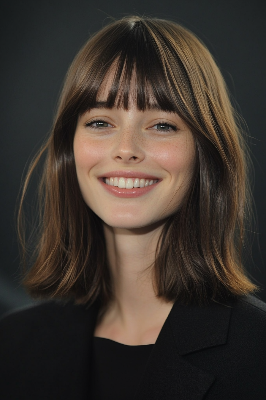 21. Blunt Cut with Center Bangs in Medium Brown (Medium Length Hairstyles With Bangs) - Medium Length Hairstyles With Bangs