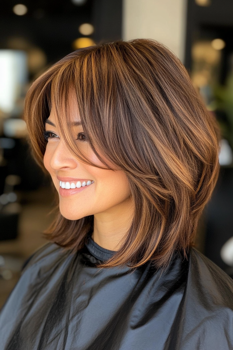 22. Layered Bob with Angled Bangs in Bronze (Medium Length Hairstyles With Bangs) - Medium Length Hairstyles With Bangs