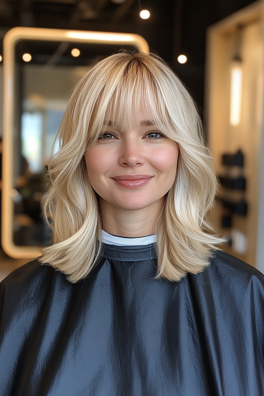 23. Sleek Lob with Blended Bangs in Pearl Blonde (Medium Length Hairstyles With Bangs) - Medium Length Hairstyles With Bangs