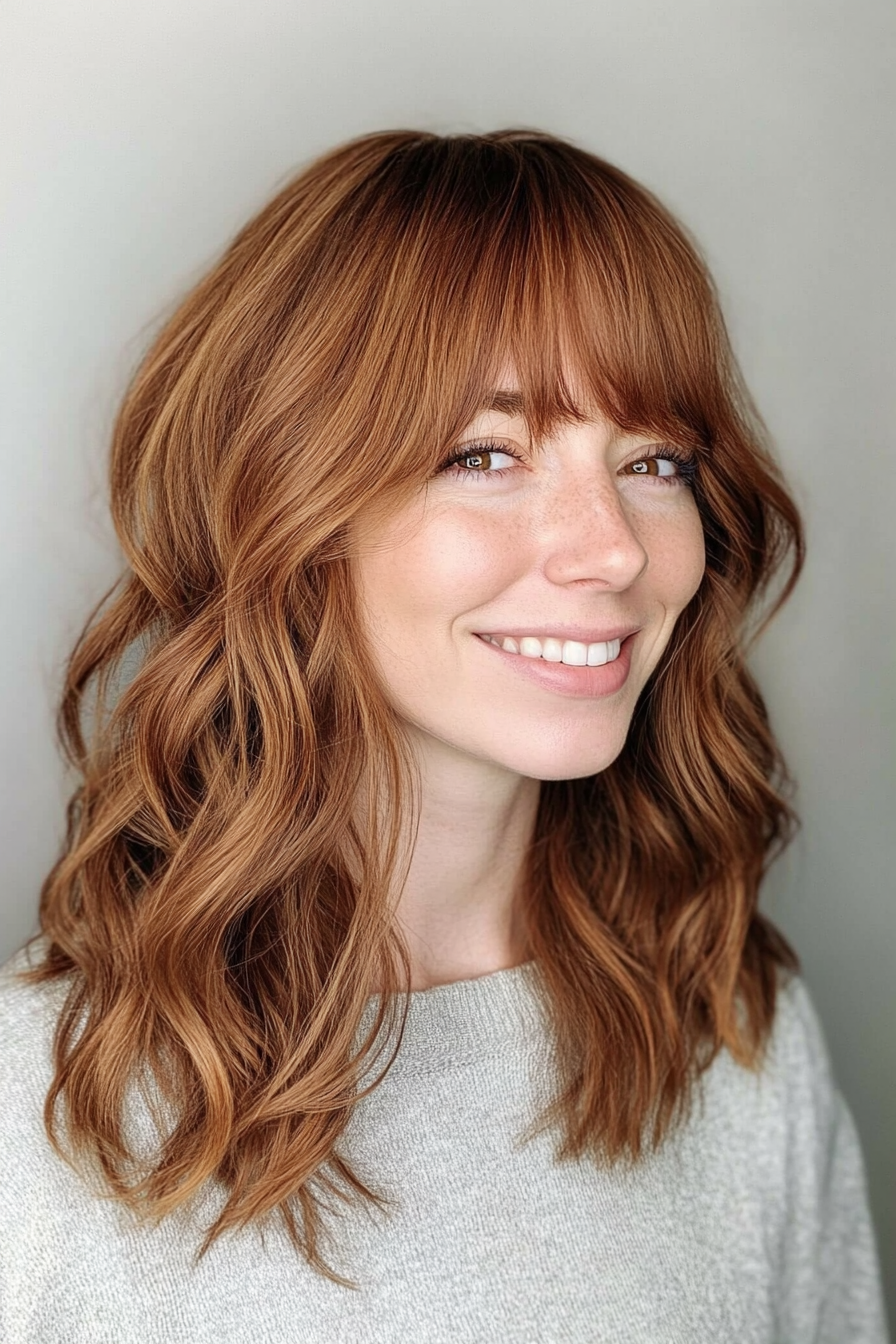 24. Wavy Cut with Fringe Bangs in Cinnamon Brown (Medium Length Hairstyles With Bangs) - Medium Length Hairstyles With Bangs