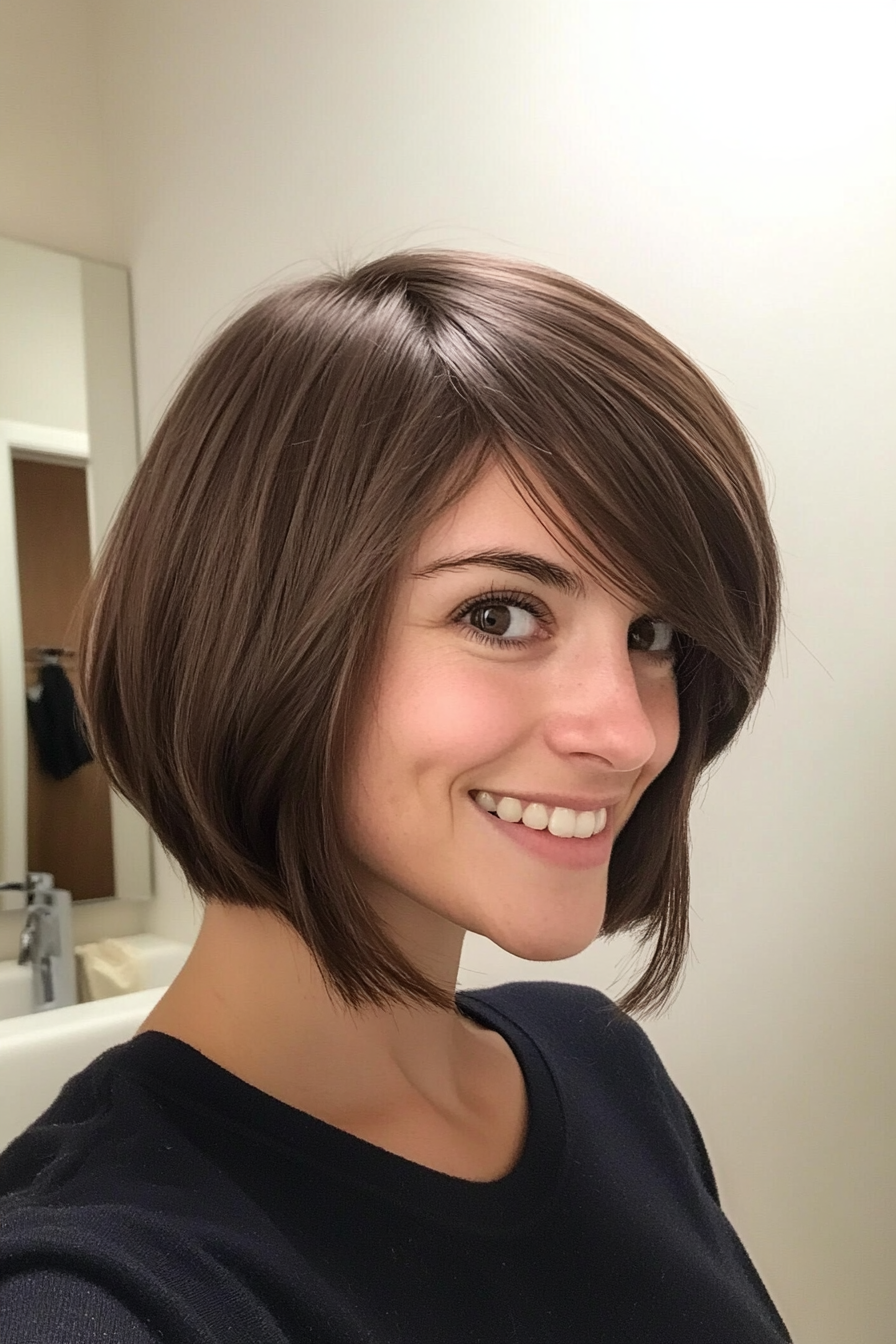 25. Chin-Length Bob with Side Bangs in Mocha Brown (Medium Length Hairstyles With Bangs) - Medium Length Hairstyles With Bangs