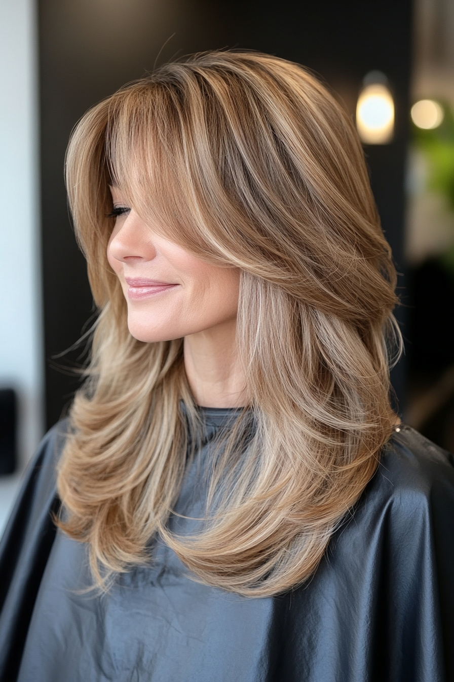 26. Feathered Layers with Long Curtain Bangs in Sandy Brown (Medium Length Hairstyles With Bangs) - Medium Length Hairstyles With Bangs