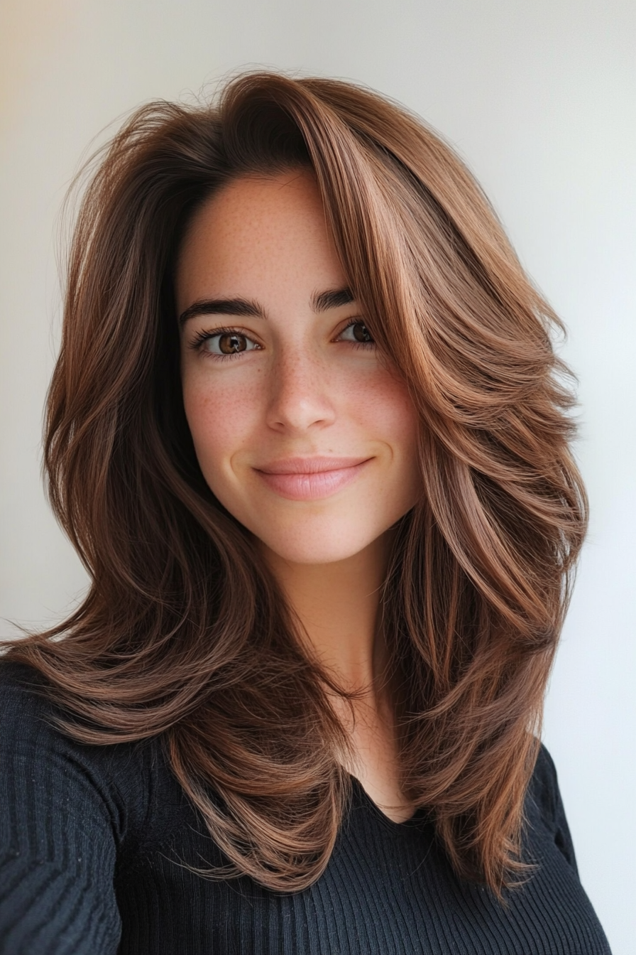 1. Soft Feathered Layers in Chestnut Brown (Trendy Mid Length Haircuts With Layers) - Trendy Mid Length Haircuts With Layers