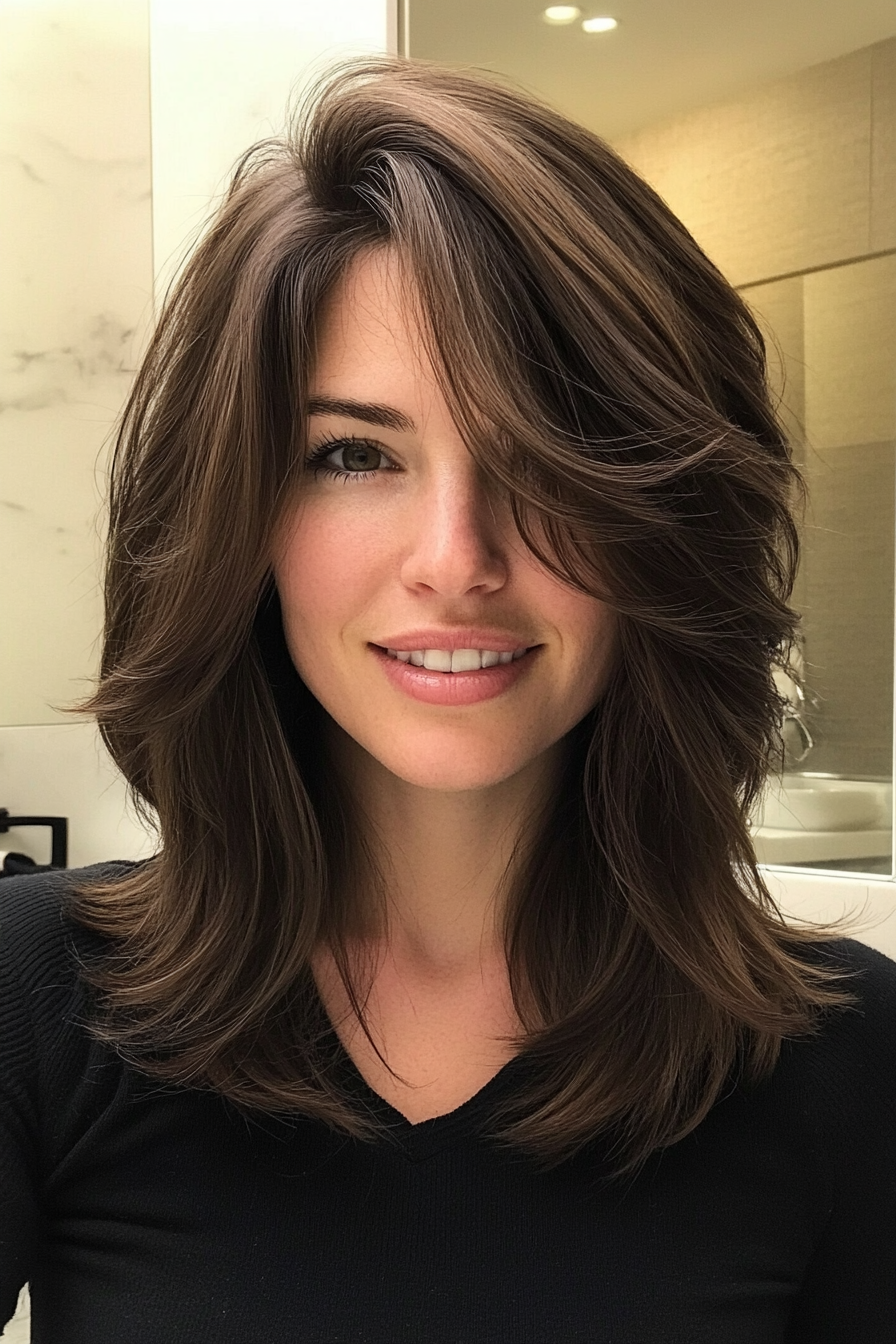 2. Textured Shag with Curtain Bangs in Warm Brunette (Trendy Mid Length Haircuts With Layers) - Trendy Mid Length Haircuts With Layers