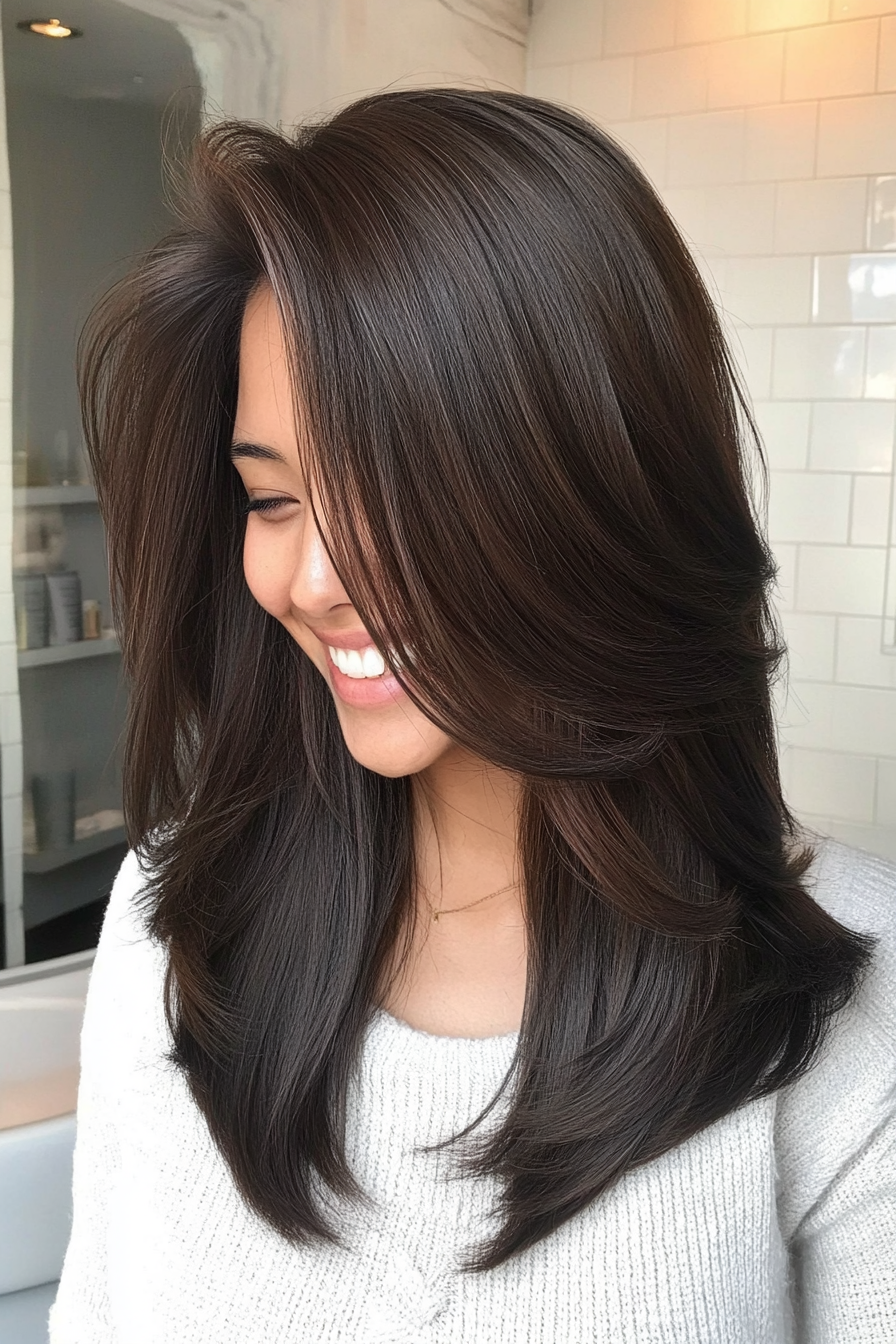3. Blended Layers with Face-Framing in Deep Espresso (Trendy Mid Length Haircuts With Layers) - Trendy Mid Length Haircuts With Layers