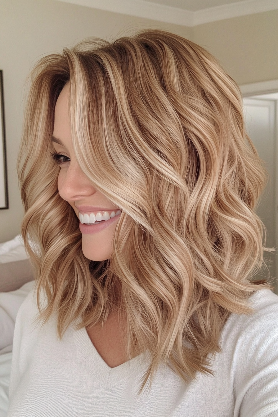 4. Wavy Lob with Soft Layers in Honey Blonde (Trendy Mid Length Haircuts With Layers) - Trendy Mid Length Haircuts With Layers