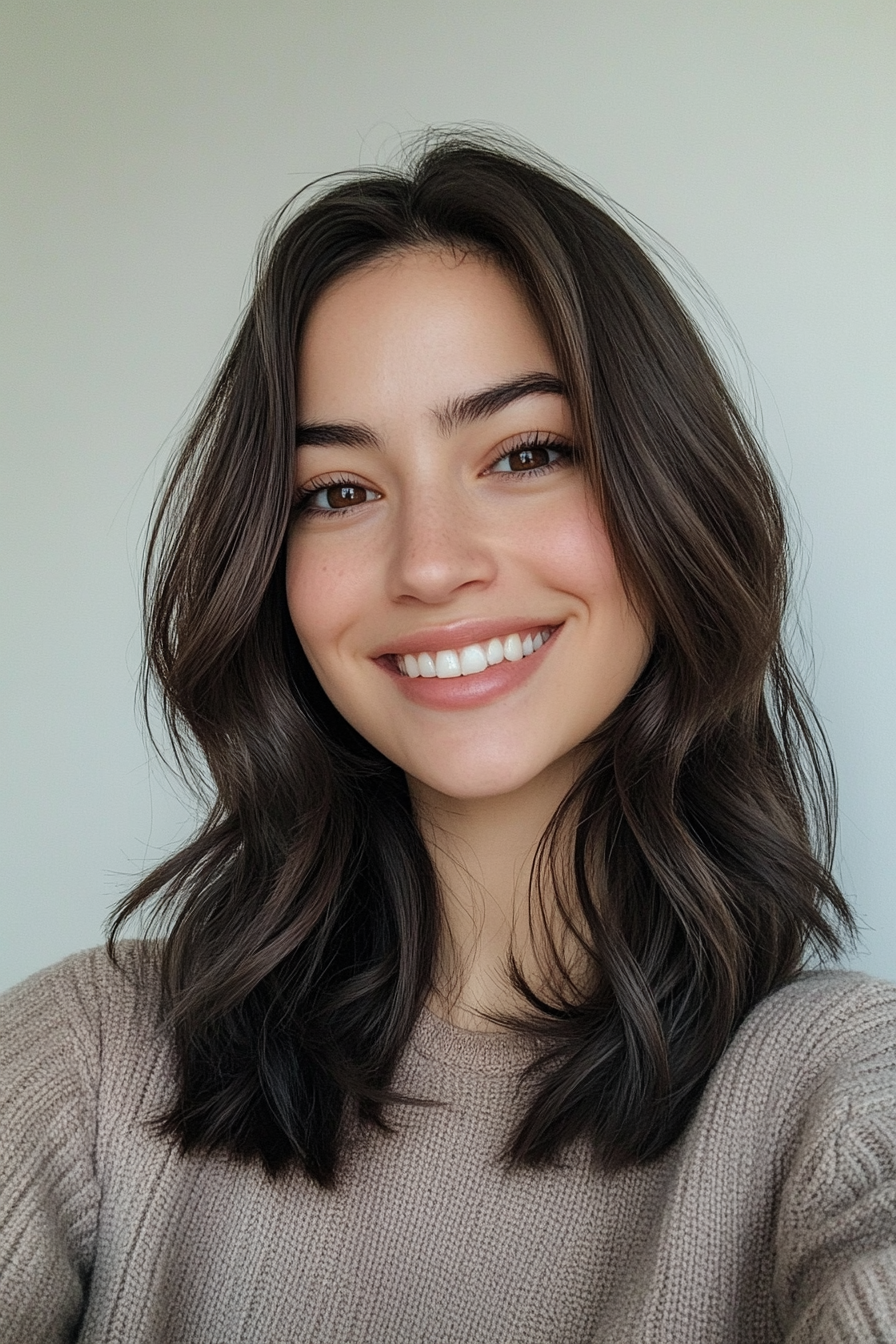 5. Tousled Mid-Length Cut with Subtle Layers in Dark Mocha (Trendy Mid Length Haircuts With Layers) - Trendy Mid Length Haircuts With Layers