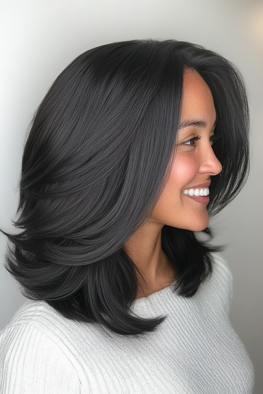 7. Sleek Layered Lob in Jet Black (Trendy Mid Length Haircuts With Layers) - Trendy Mid Length Haircuts With Layers