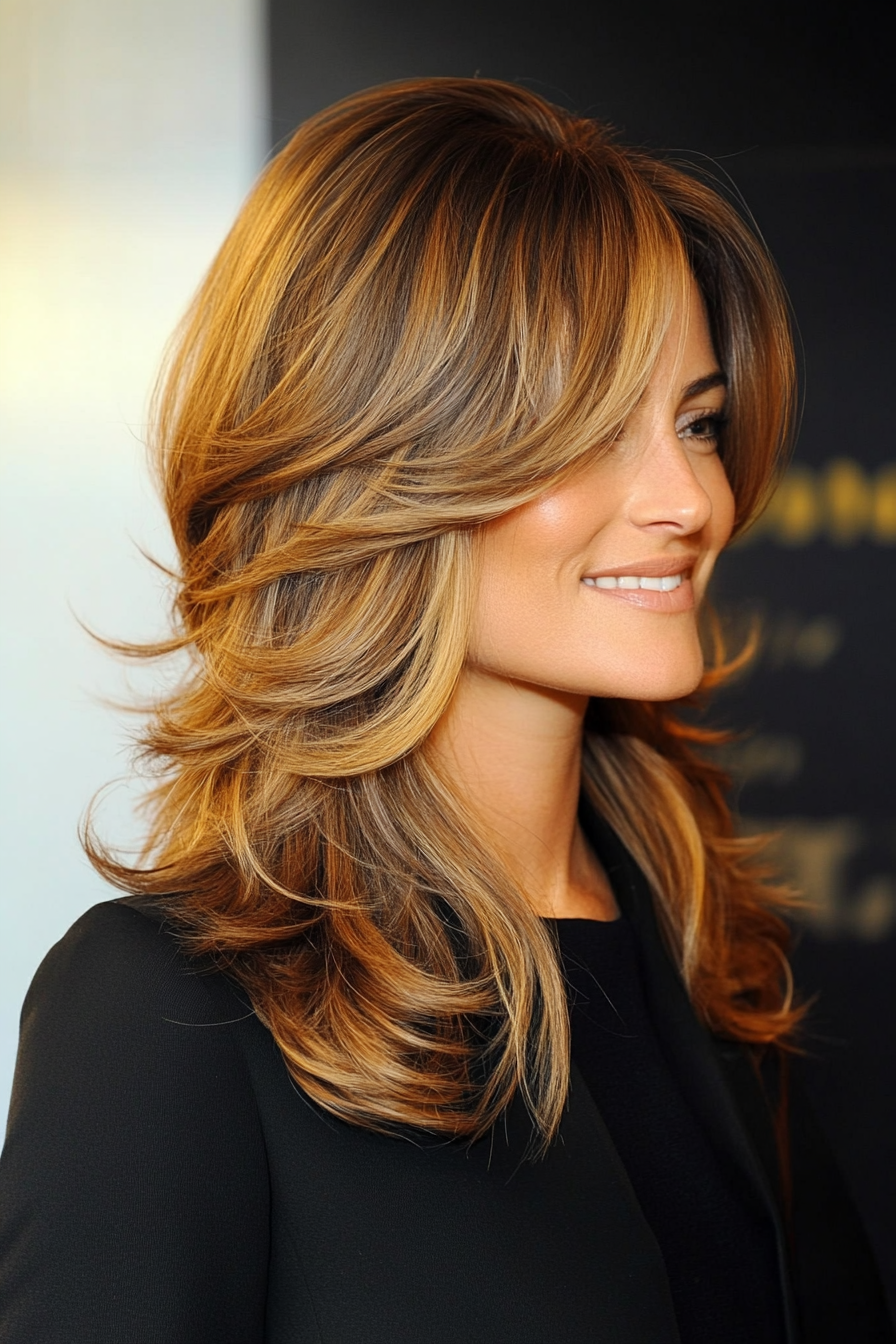 8. Wispy Layered Cut with Side Bangs in Golden Brown (Trendy Mid Length Haircuts With Layers) - Trendy Mid Length Haircuts With Layers
