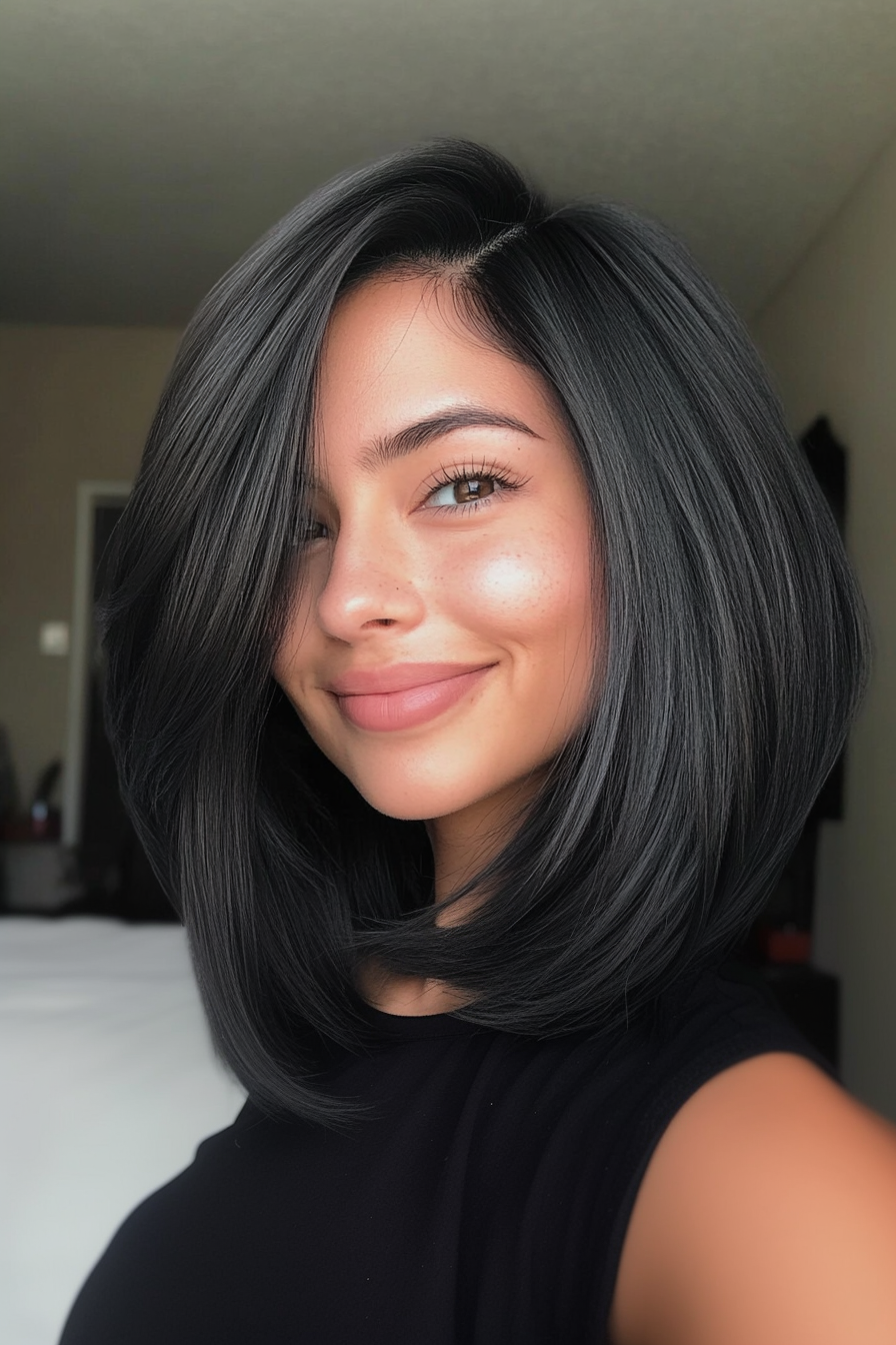 9. Minimalist Blunt Lob with Hidden Layers in Natural Black (Trendy Mid Length Haircuts With Layers) - Trendy Mid Length Haircuts With Layers