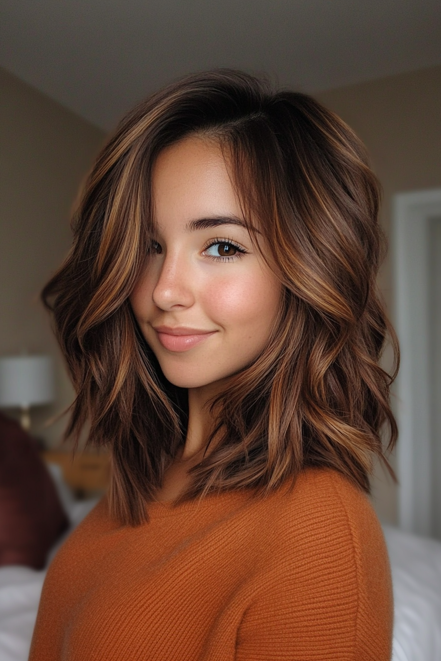 10. Choppy Shoulder-Length Cut in Cinnamon Brown (Trendy Mid Length Haircuts With Layers) - Trendy Mid Length Haircuts With Layers